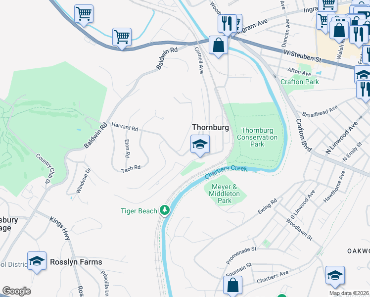 map of restaurants, bars, coffee shops, grocery stores, and more near 1156 Harvard Road in Pittsburgh