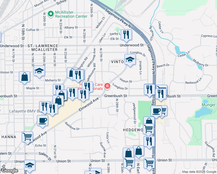 map of restaurants, bars, coffee shops, grocery stores, and more near 2700-2720 Greenbush Street in Lafayette
