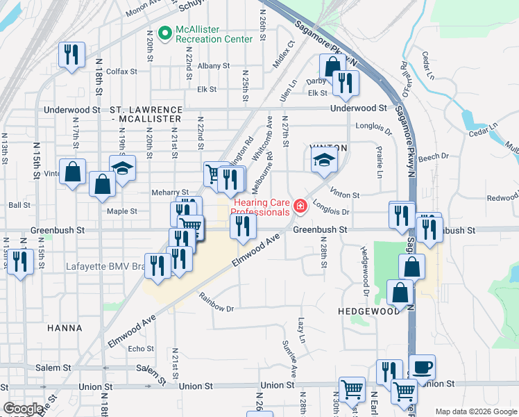 map of restaurants, bars, coffee shops, grocery stores, and more near 1500-1598 Melbourne Rd in Lafayette