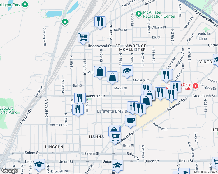 map of restaurants, bars, coffee shops, grocery stores, and more near 1712 Greenbush Street in Lafayette