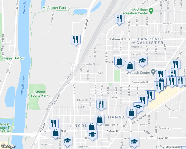 map of restaurants, bars, coffee shops, grocery stores, and more near 1204 Greenbush Street in Lafayette