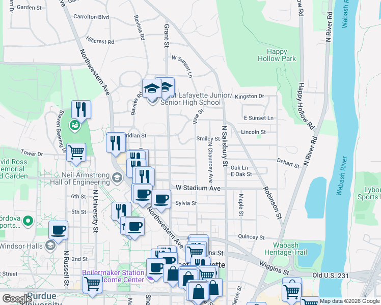 map of restaurants, bars, coffee shops, grocery stores, and more near 309 Lawn Avenue in West Lafayette