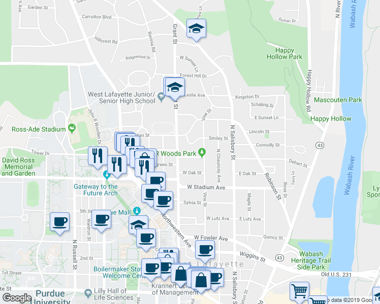 map of restaurants, bars, coffee shops, grocery stores, and more near 331 Lawn Avenue in West Lafayette