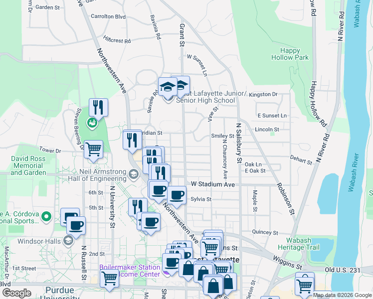 map of restaurants, bars, coffee shops, grocery stores, and more near in West Lafayette