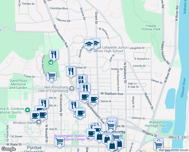 map of restaurants, bars, coffee shops, grocery stores, and more near 420 Evergreen Street in West Lafayette