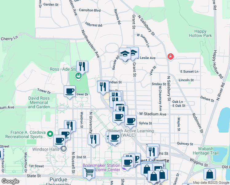 map of restaurants, bars, coffee shops, grocery stores, and more near 600 Evergreen Street in West Lafayette