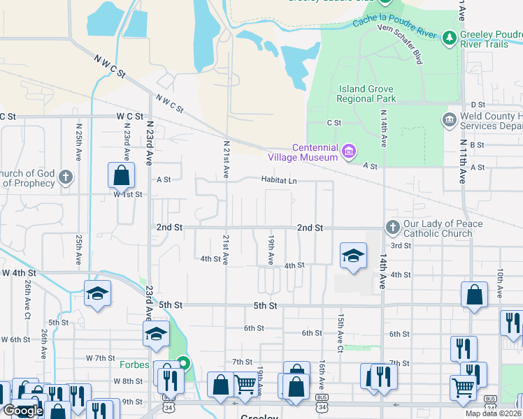 map of restaurants, bars, coffee shops, grocery stores, and more near 180 19th Avenue Court in Greeley