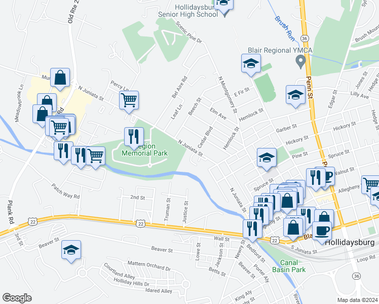 map of restaurants, bars, coffee shops, grocery stores, and more near 1201 North Juniata Street in Hollidaysburg