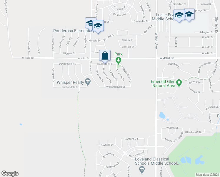 map of restaurants, bars, coffee shops, grocery stores, and more near 3298 Williamsburg Street in Loveland