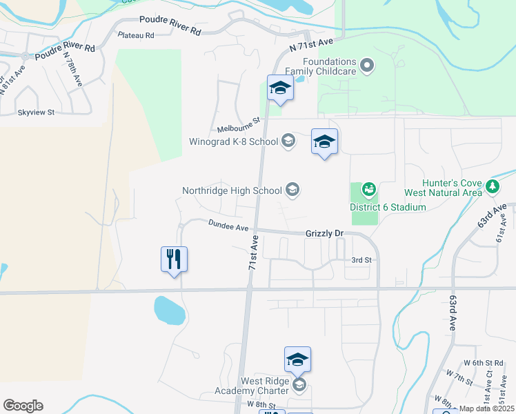 map of restaurants, bars, coffee shops, grocery stores, and more near 320 North 71st Avenue in Greeley