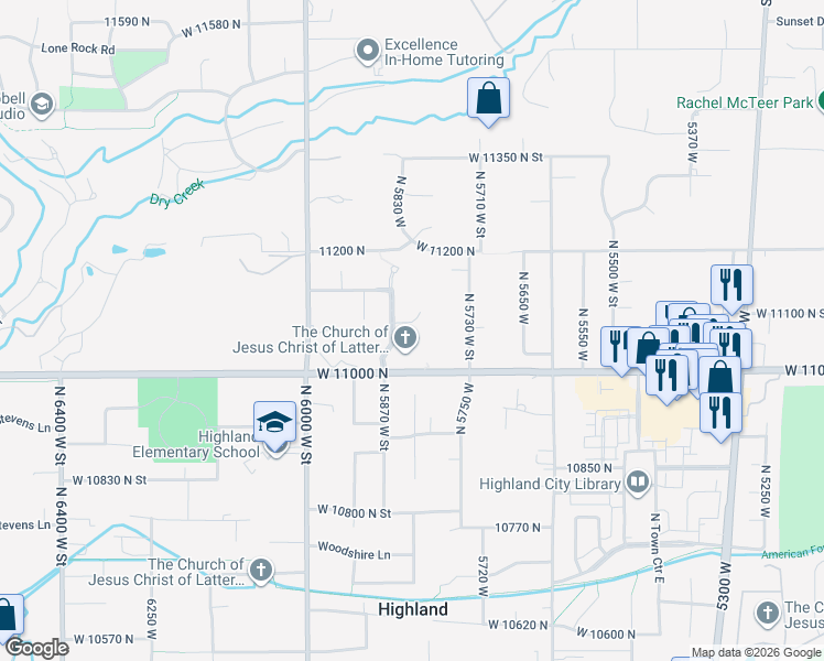 map of restaurants, bars, coffee shops, grocery stores, and more near 5843 Avonmore Circle in Highland
