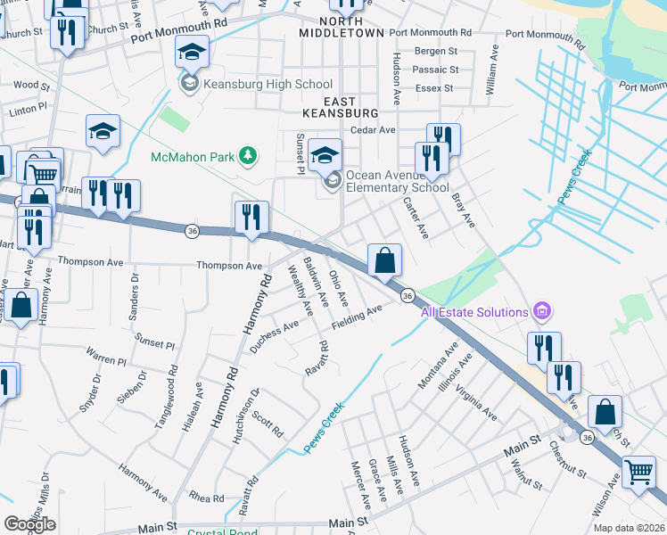 map of restaurants, bars, coffee shops, grocery stores, and more near 24 Ohio Avenue in North Middletown