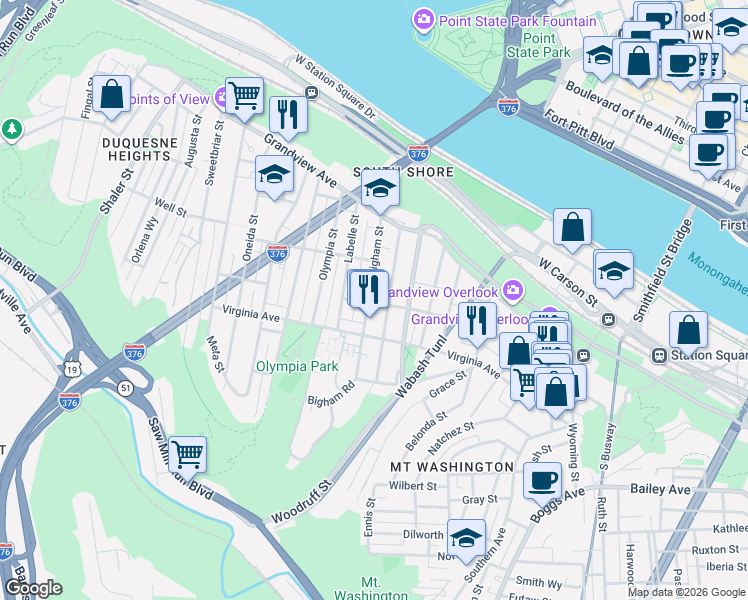 map of restaurants, bars, coffee shops, grocery stores, and more near 214 Amabell Street in Pittsburgh