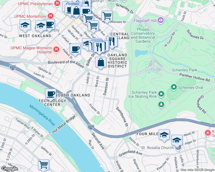 map of restaurants, bars, coffee shops, grocery stores, and more near 3323 Parkview Avenue in Pittsburgh