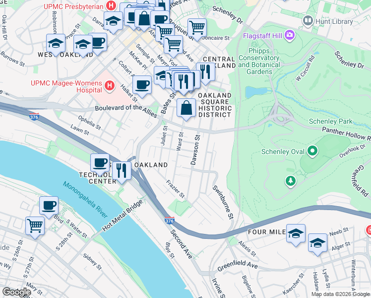 map of restaurants, bars, coffee shops, grocery stores, and more near in Pittsburgh