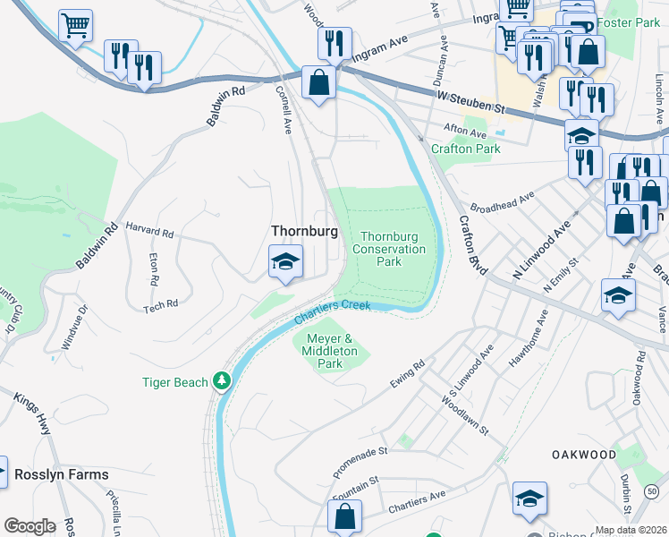 map of restaurants, bars, coffee shops, grocery stores, and more near 1567 Princeton Avenue in Pittsburgh