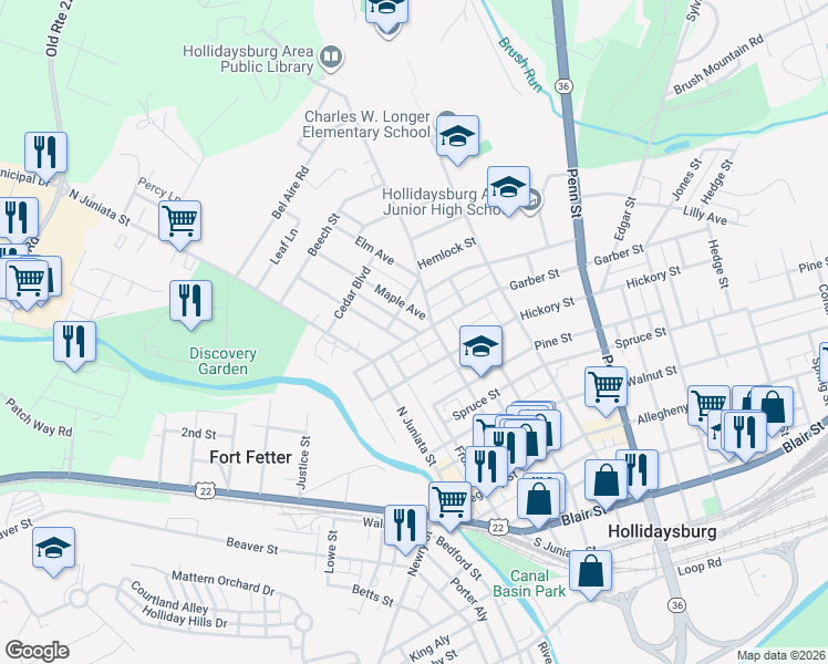 map of restaurants, bars, coffee shops, grocery stores, and more near 118 Garber Street in Hollidaysburg