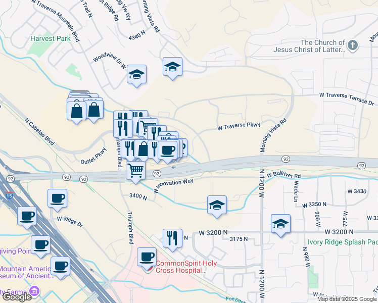 map of restaurants, bars, coffee shops, grocery stores, and more near 3651 North Traverse Mountain Boulevard in Lehi