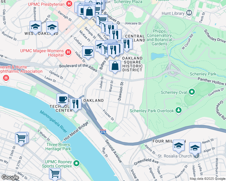 map of restaurants, bars, coffee shops, grocery stores, and more near 201 Holmes Place in Pittsburgh