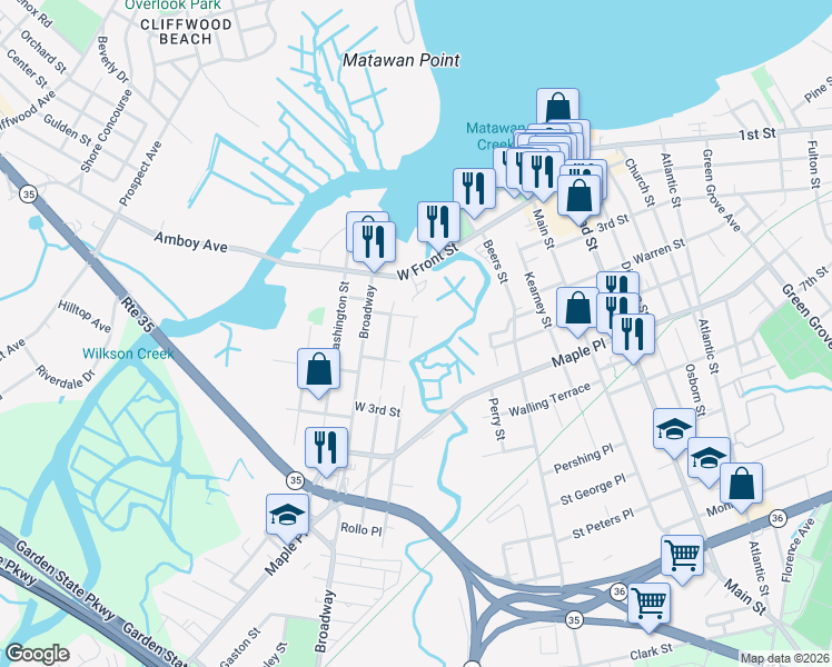 map of restaurants, bars, coffee shops, grocery stores, and more near 26 Luppatatong Avenue in Keyport