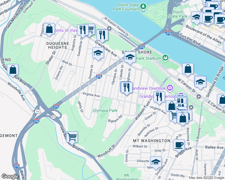 map of restaurants, bars, coffee shops, grocery stores, and more near in Pittsburgh