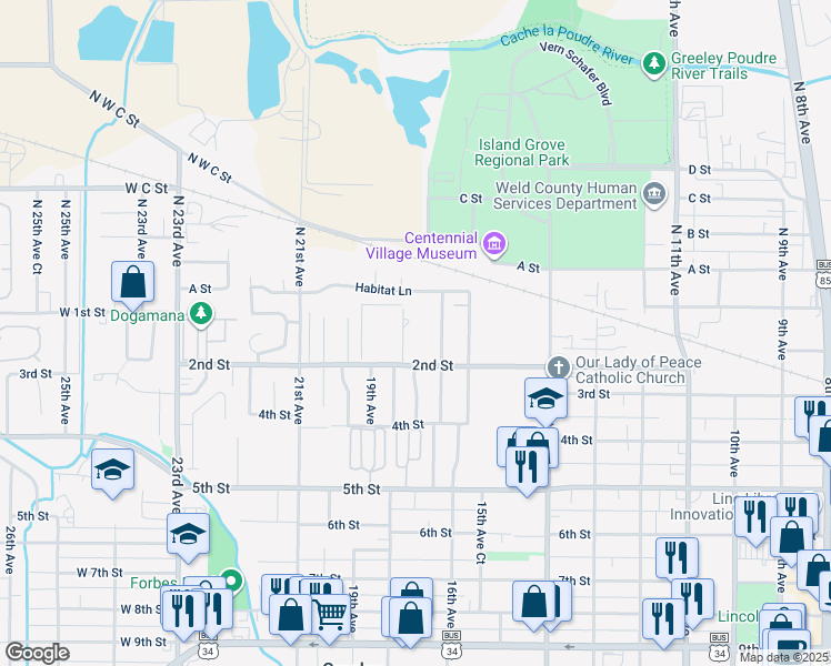 map of restaurants, bars, coffee shops, grocery stores, and more near 147 16th Avenue Court in Greeley