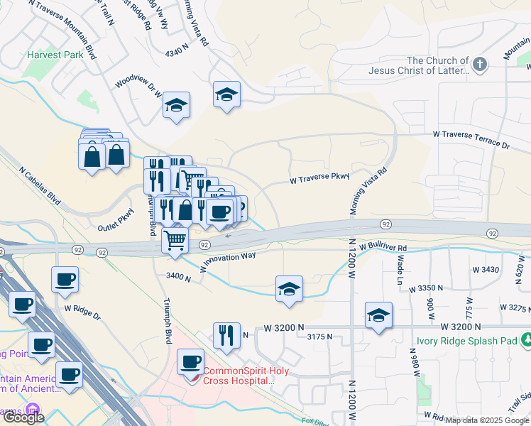 map of restaurants, bars, coffee shops, grocery stores, and more near 3651 North Traverse Mountain Boulevard in Lehi
