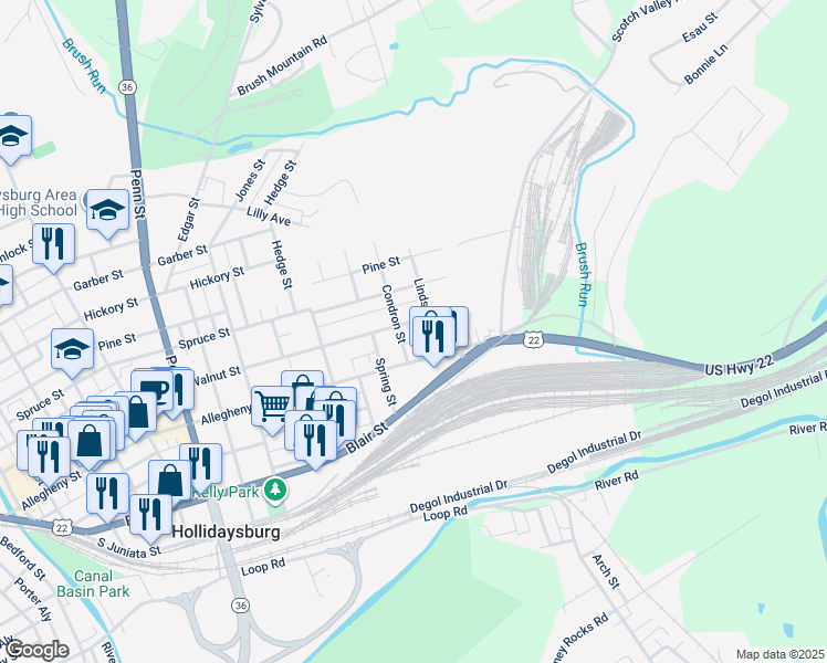 map of restaurants, bars, coffee shops, grocery stores, and more near 1413 Allegheny Street in Hollidaysburg