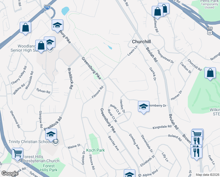 map of restaurants, bars, coffee shops, grocery stores, and more near 3751 Greensburg Pike in Pittsburgh