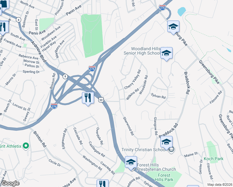 map of restaurants, bars, coffee shops, grocery stores, and more near 538 Sherwood Road in Pittsburgh