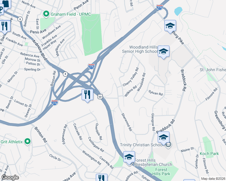 map of restaurants, bars, coffee shops, grocery stores, and more near 538 Sherwood Road in Pittsburgh