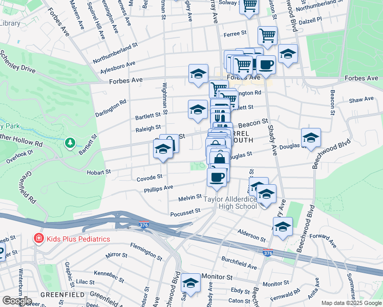 map of restaurants, bars, coffee shops, grocery stores, and more near 5640 Hobart Street in Pittsburgh