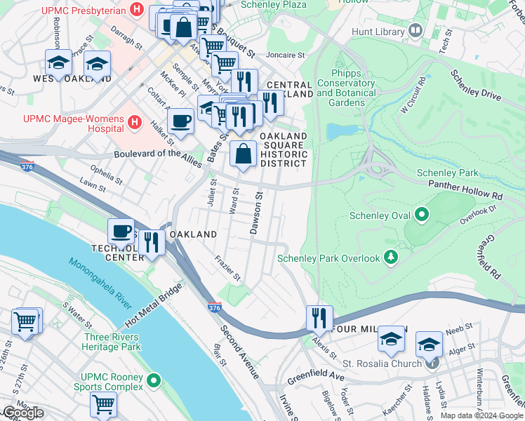 map of restaurants, bars, coffee shops, grocery stores, and more near 3323 Parkview Avenue in Pittsburgh