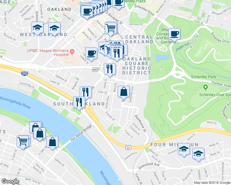 map of restaurants, bars, coffee shops, grocery stores, and more near in Pittsburgh