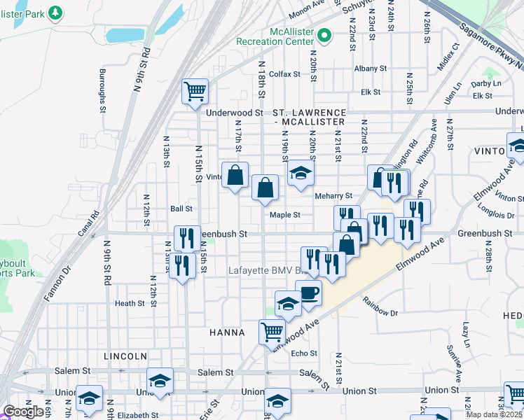map of restaurants, bars, coffee shops, grocery stores, and more near 1808 Greenbush Street in Lafayette