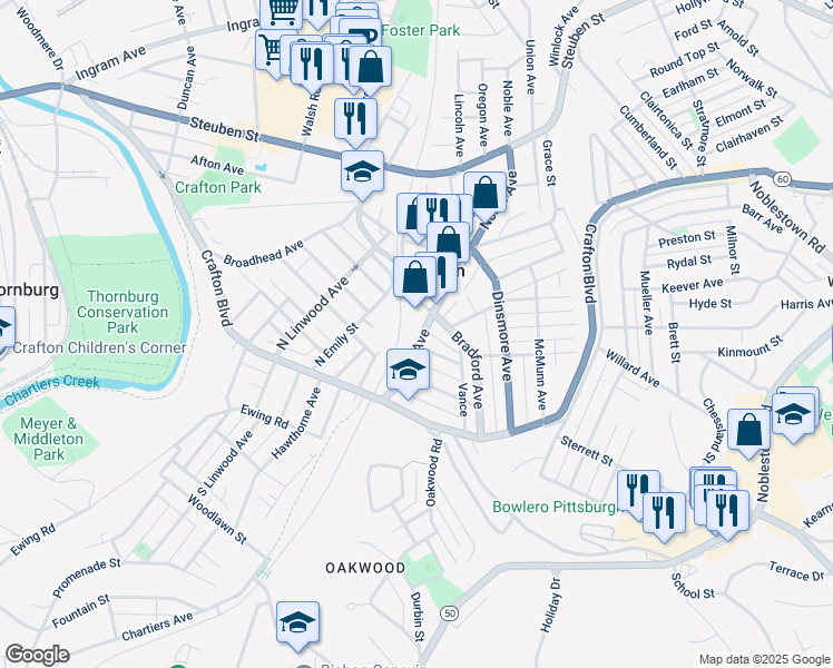 map of restaurants, bars, coffee shops, grocery stores, and more near 39 Lincoln Highway in Crafton