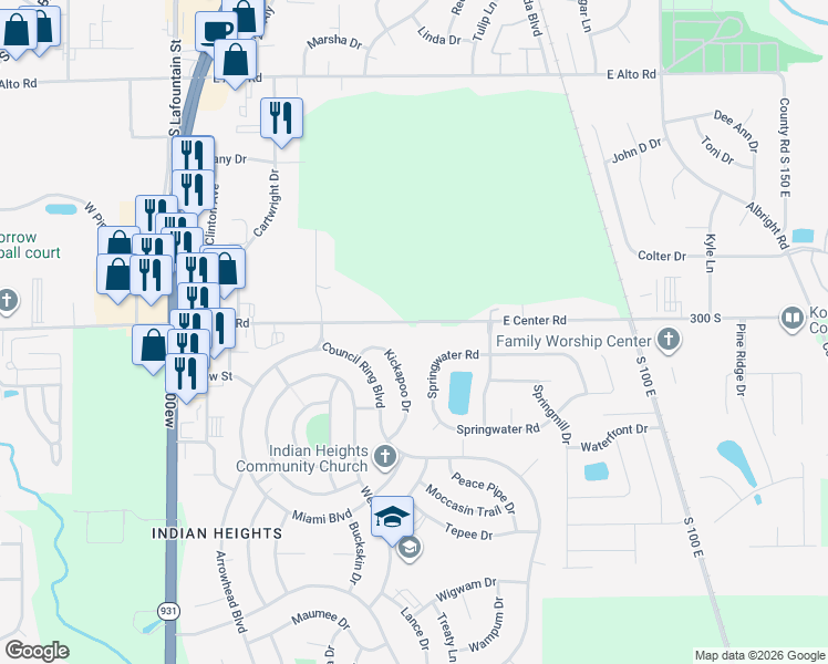 map of restaurants, bars, coffee shops, grocery stores, and more near 4936 Kickapoo Drive in Kokomo
