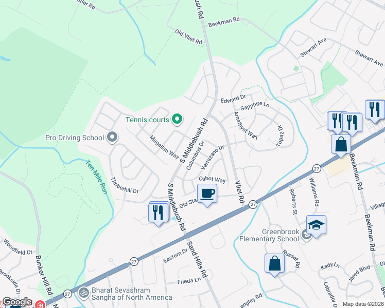 map of restaurants, bars, coffee shops, grocery stores, and more near 39 Columbus Drive in Franklin Township