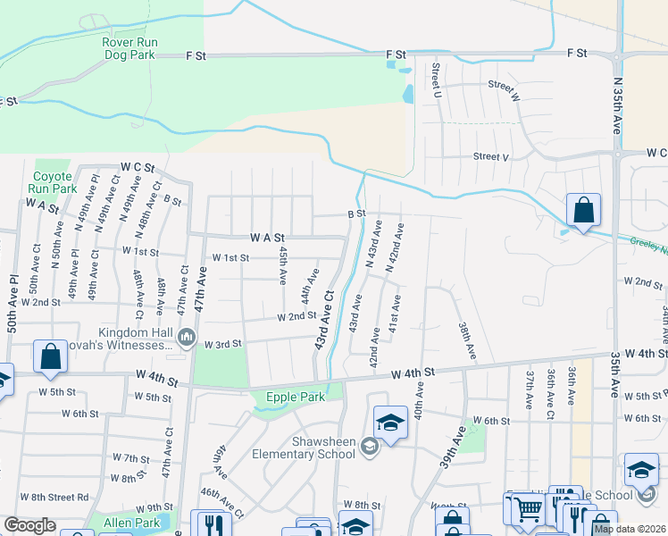 map of restaurants, bars, coffee shops, grocery stores, and more near 144 43rd Avenue Court in Greeley