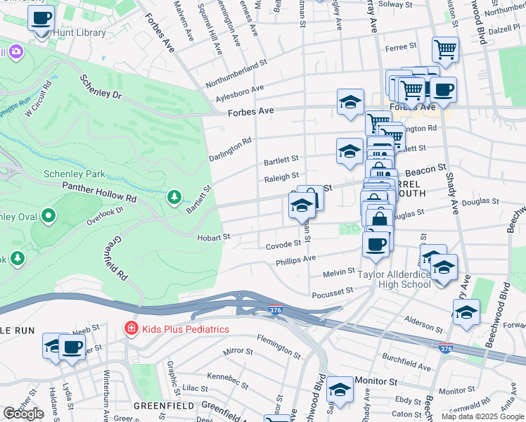 map of restaurants, bars, coffee shops, grocery stores, and more near 5459 Hobart Street in Pittsburgh