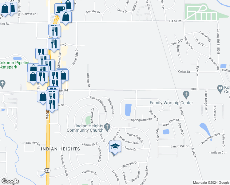 map of restaurants, bars, coffee shops, grocery stores, and more near 855 East Center Road in Kokomo