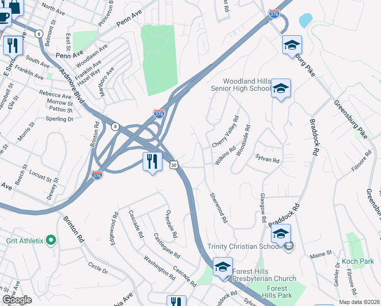 map of restaurants, bars, coffee shops, grocery stores, and more near 516 Sherwood Road in Pittsburgh