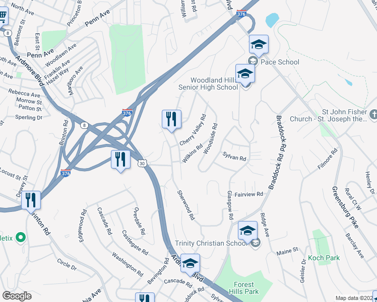map of restaurants, bars, coffee shops, grocery stores, and more near 113 Cherry Valley Road in Pittsburgh