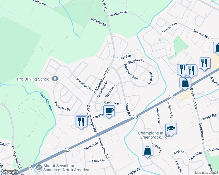map of restaurants, bars, coffee shops, grocery stores, and more near 90 Columbus Drive in Franklin Township