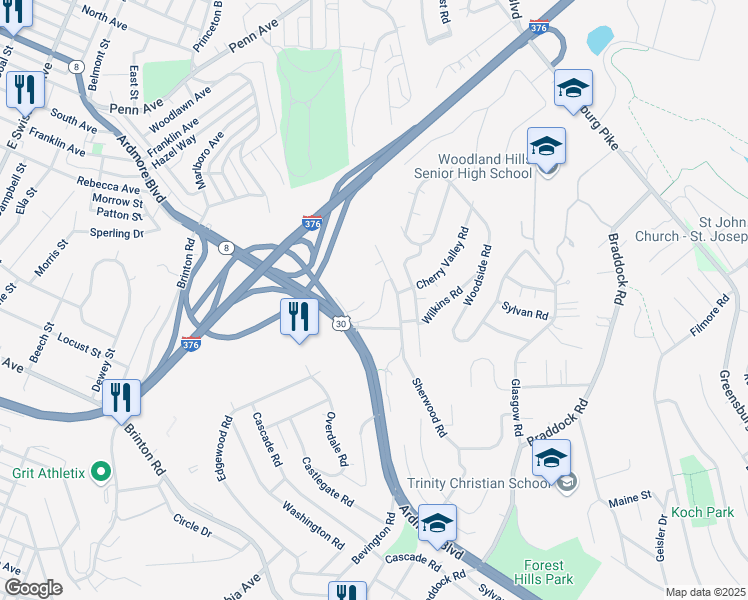 map of restaurants, bars, coffee shops, grocery stores, and more near 516 Sherwood Road in Pittsburgh