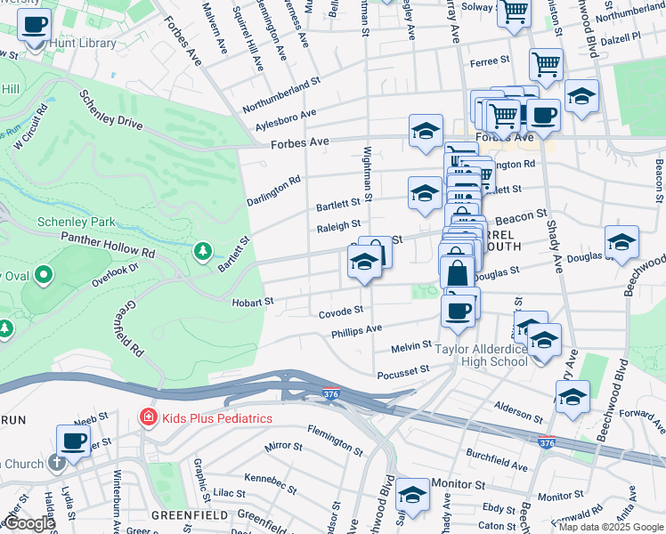 map of restaurants, bars, coffee shops, grocery stores, and more near 5539 Beacon Street in Pittsburgh