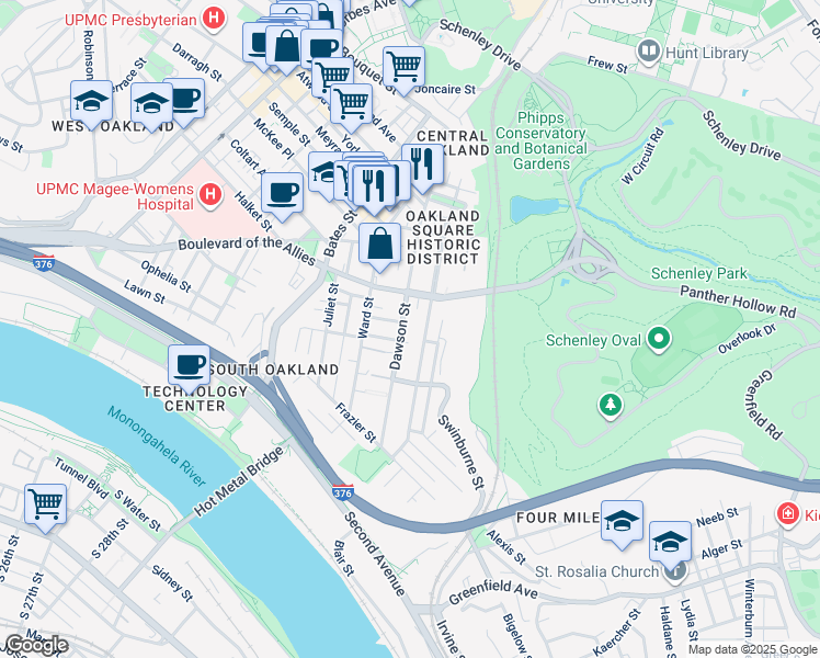 map of restaurants, bars, coffee shops, grocery stores, and more near 3374 Dawson Street in Pittsburgh