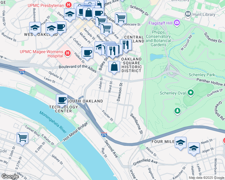 map of restaurants, bars, coffee shops, grocery stores, and more near 3328 Ward Street in Pittsburgh