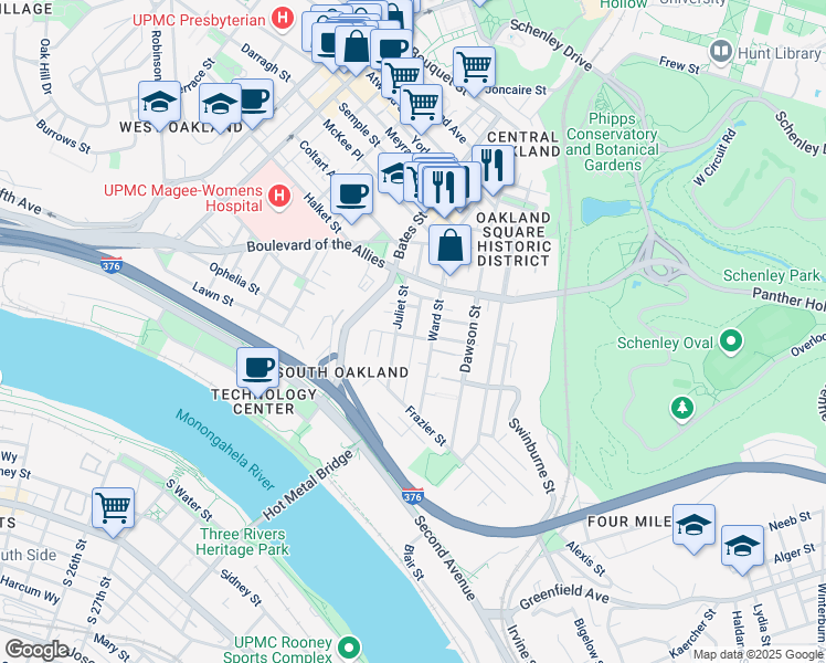 map of restaurants, bars, coffee shops, grocery stores, and more near 3326 Juliet Street in Pittsburgh