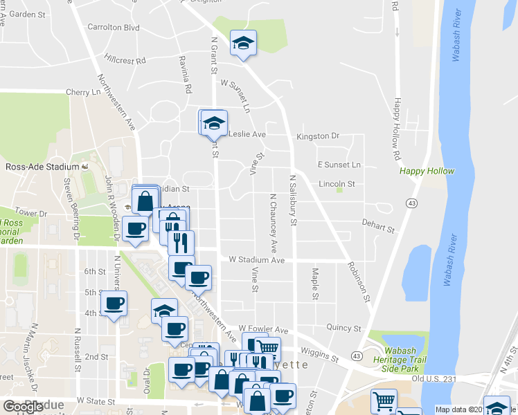 map of restaurants, bars, coffee shops, grocery stores, and more near 901 Vine Street in West Lafayette